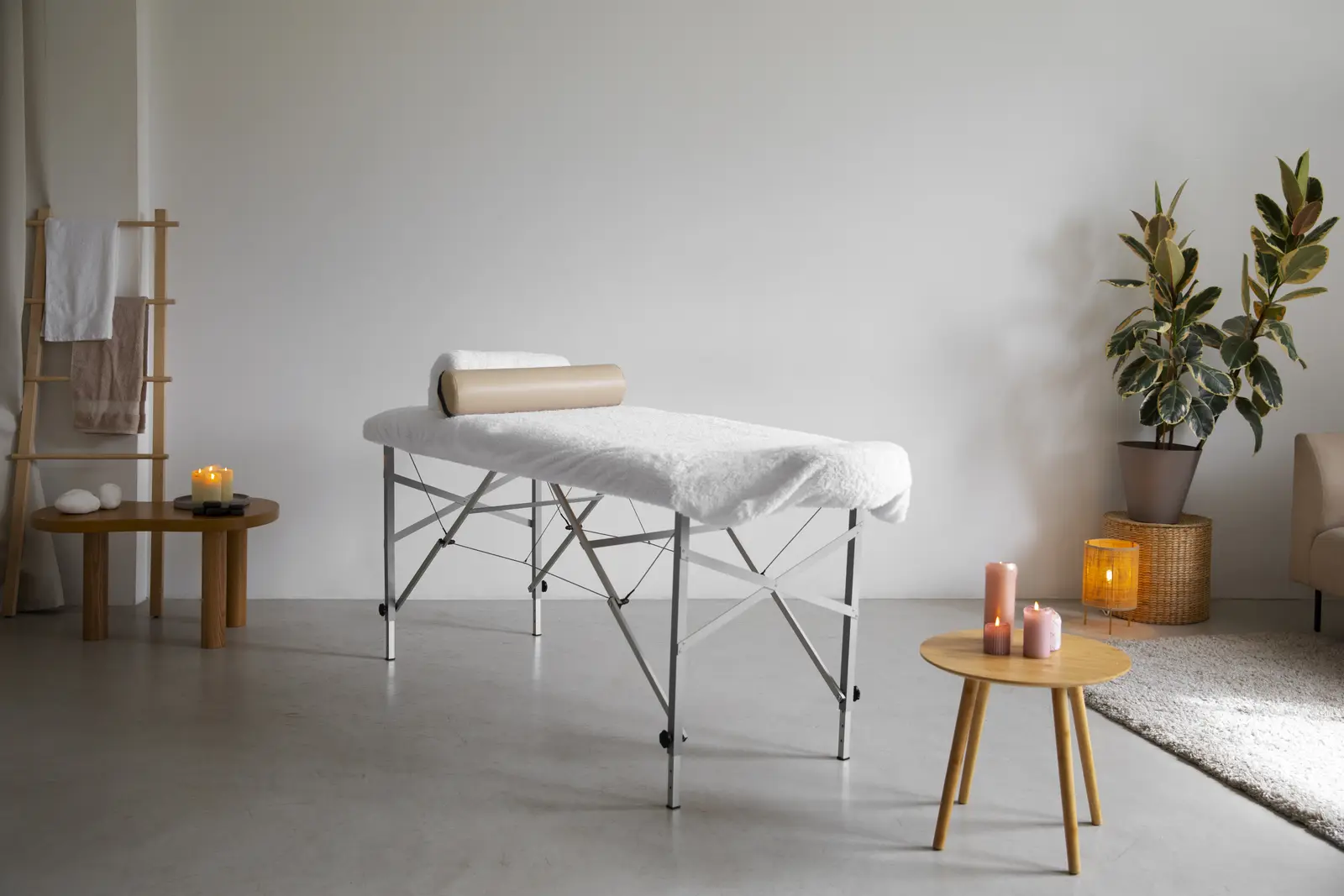 A quiet treatment room with a treatment bed, a plant and soft daylight