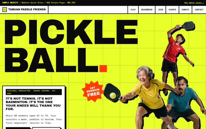The sample pickleball association website in a bold brutalist style