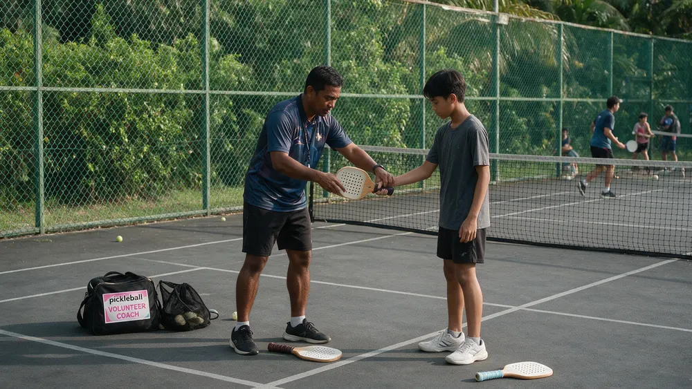 A volunteer coach showing a teenage beginner how to hold the paddle